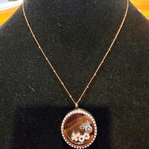 Origami Owl Locket Round Large Chocolate Brown Rhinestone Hinged 5 Charms